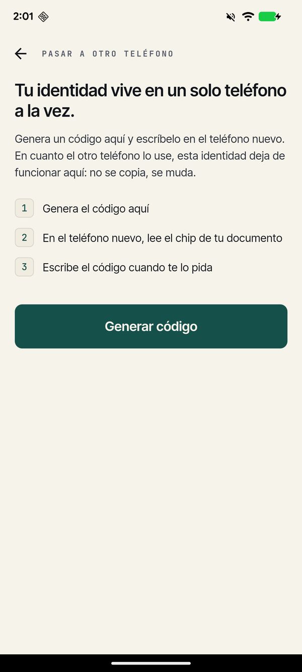 Pantalla para pasar la identidad a otro teléfono mediante un código de un solo uso